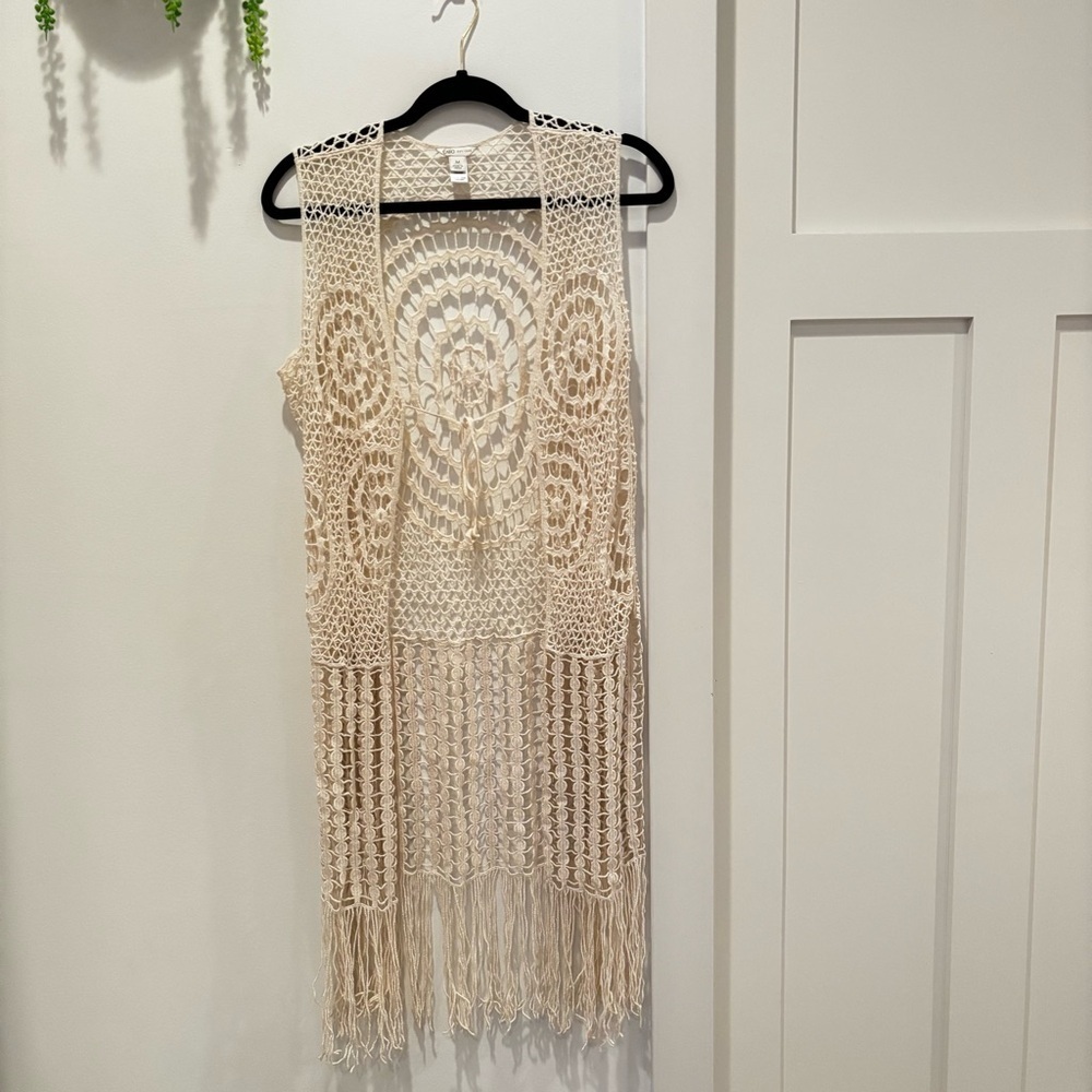 Cato Bohemian 100% Cotton Crochet Fringe Neutral Earthy Tie Vest Women's Size M